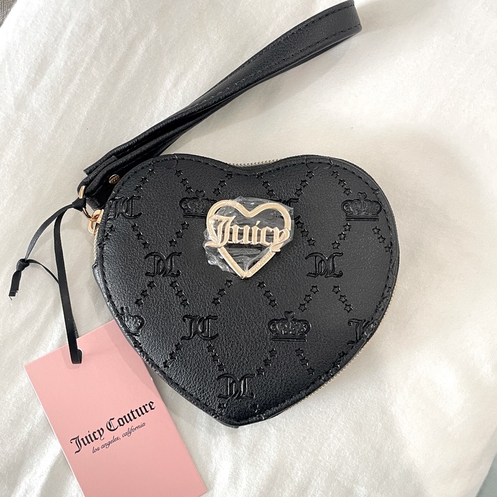 NEW Juicy Couture Black Heart Wristlet Embossed Monogram Gold Logo NWT
